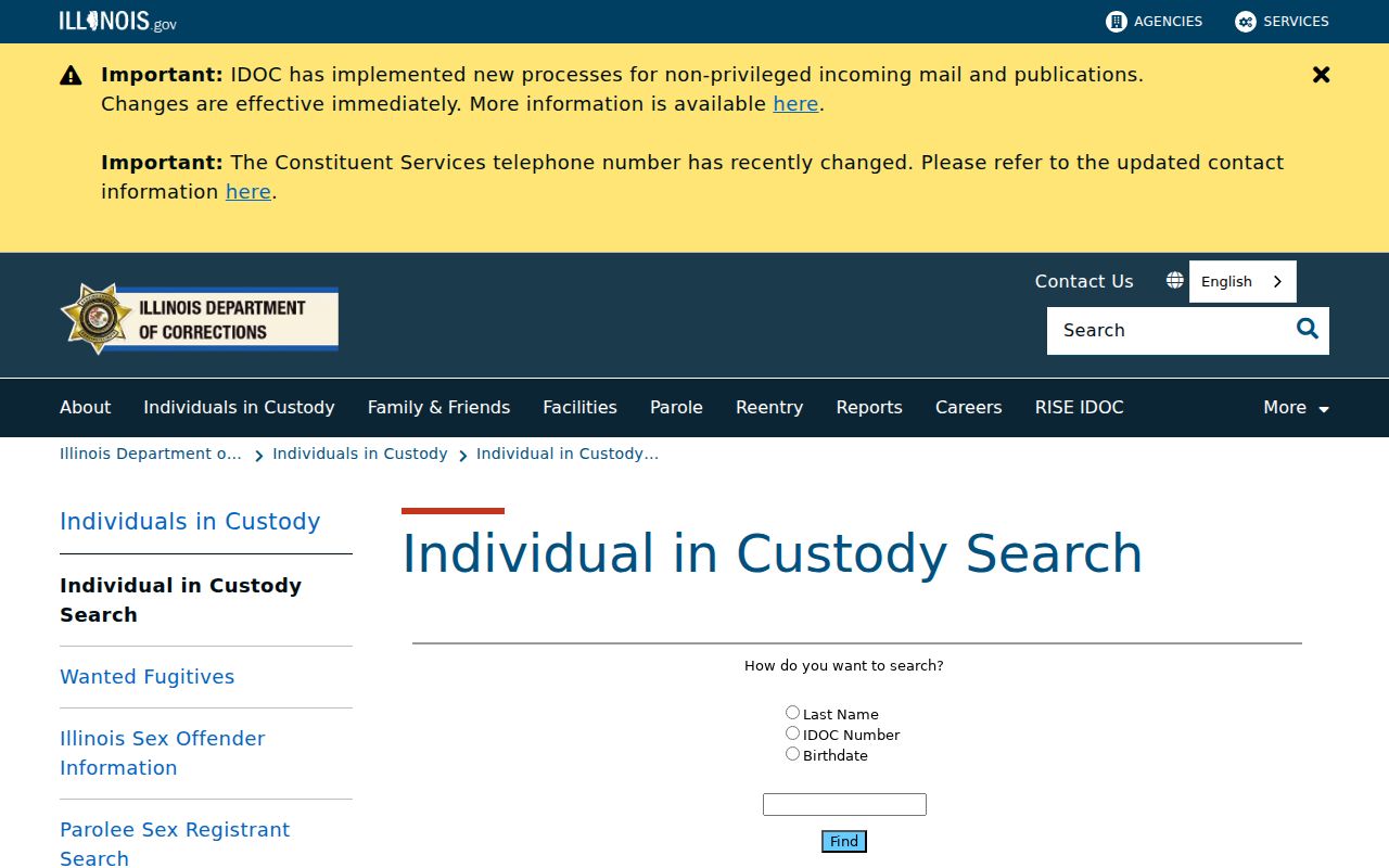 IDOC Individual in Custody Search interface