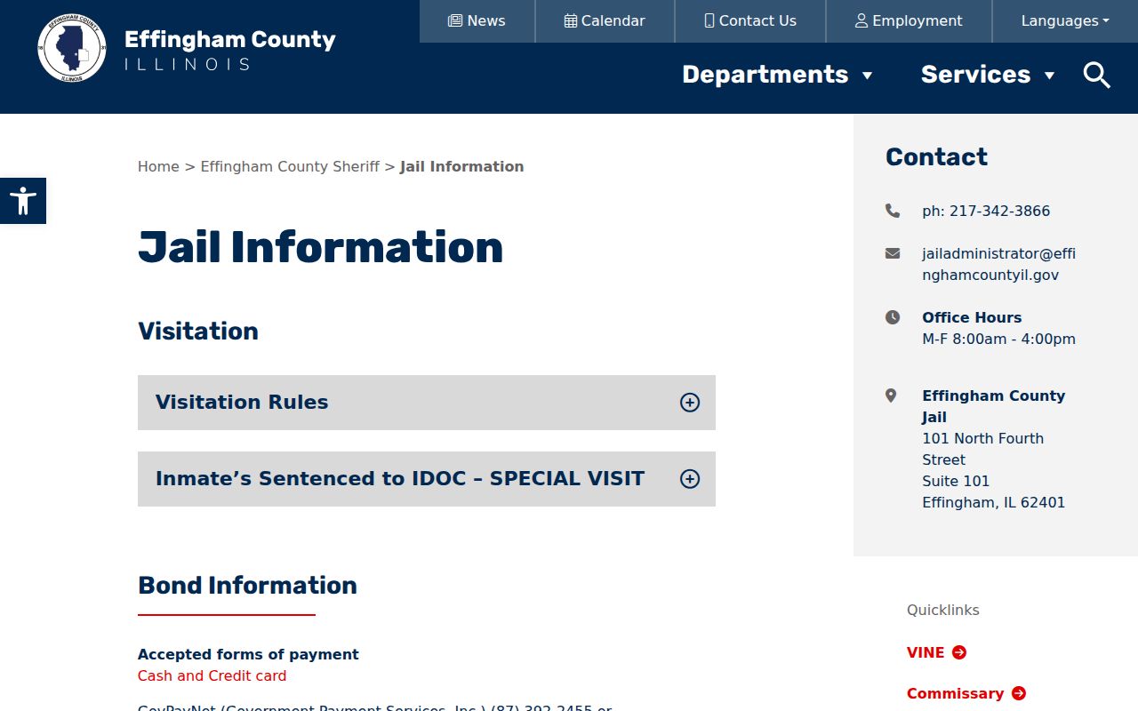 Effingham County Jail contacts and custody instructions