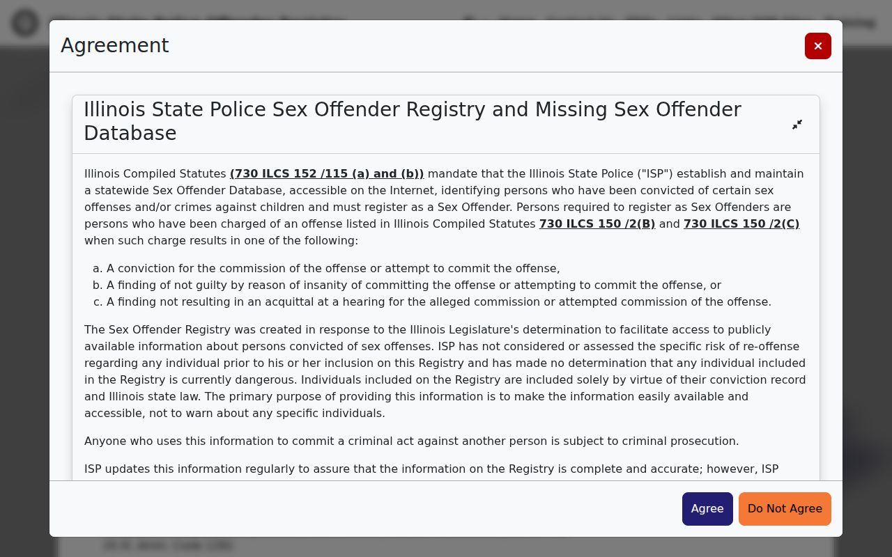 Illinois State Police Sex Offender Registry search page