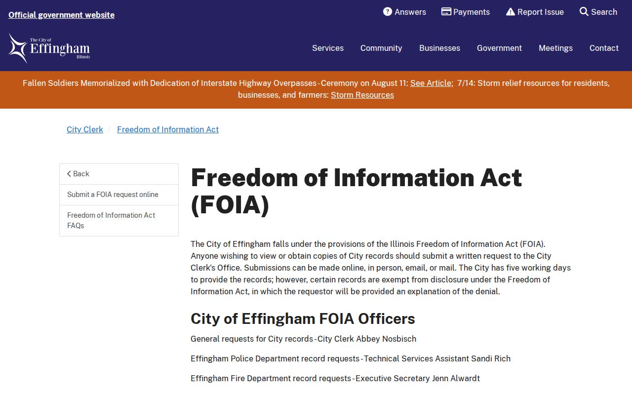 Effingham County arrest records city FOIA officers