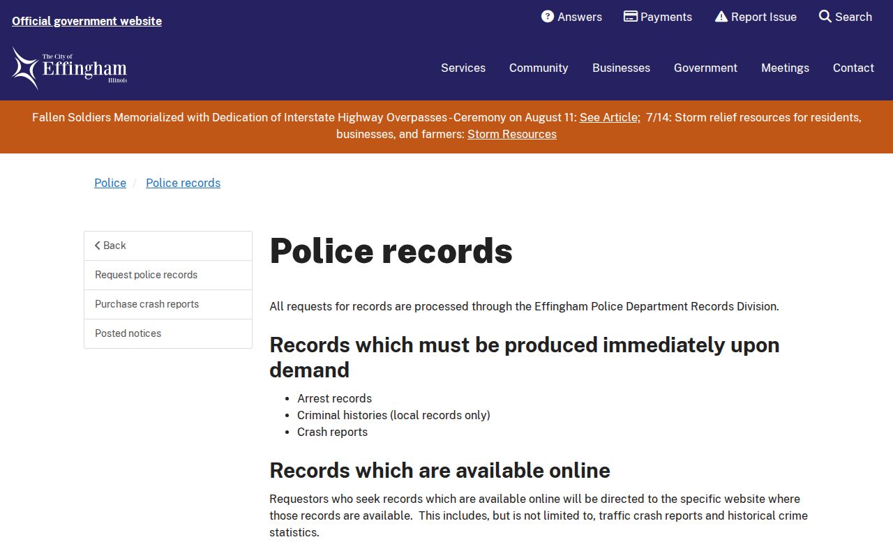 Effingham County arrest history city Police Records Division